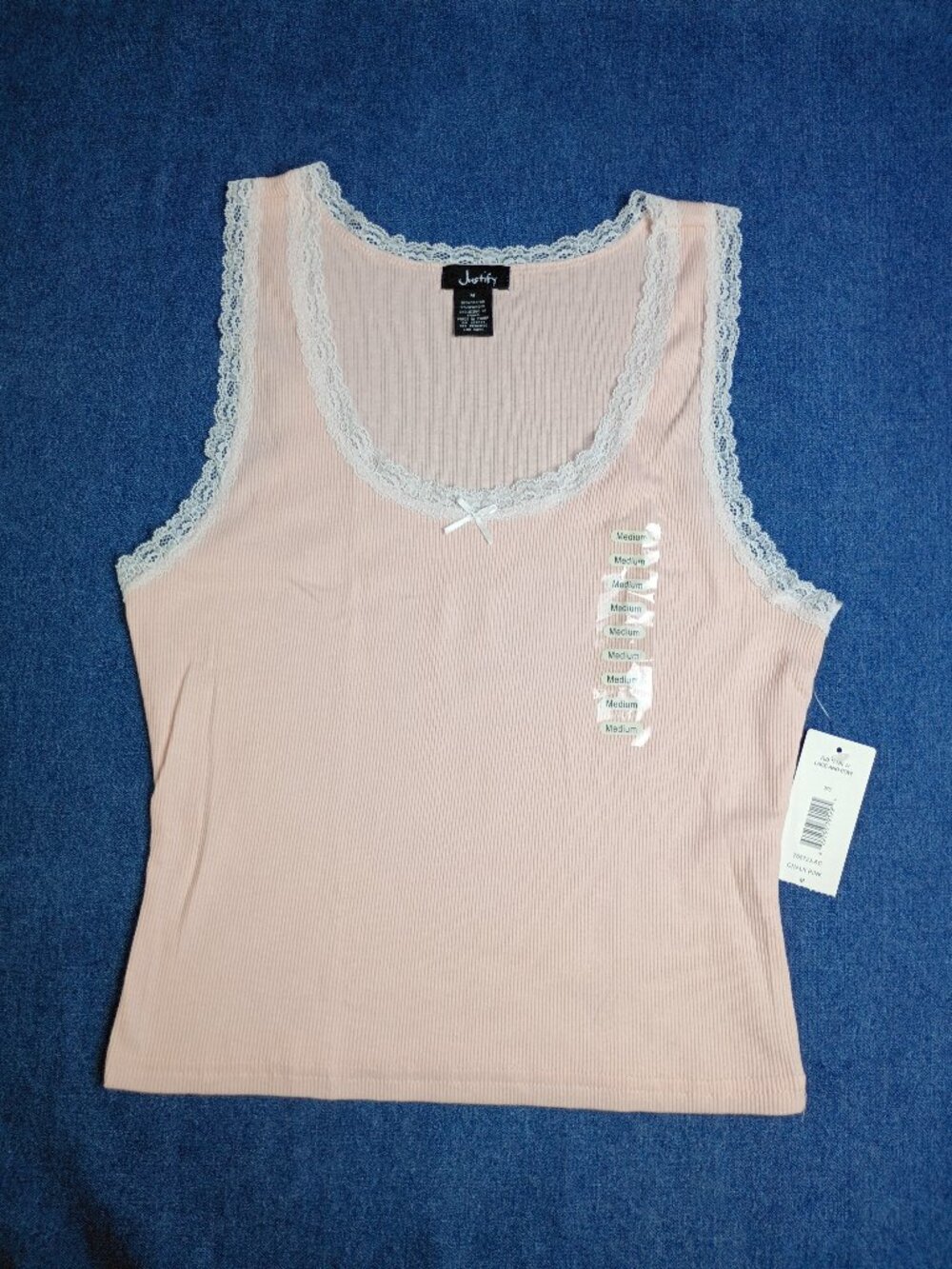 Justify Women's Medium Pink Ribbed Tank Top White Lace Trim Bow Cami Scoop Neck